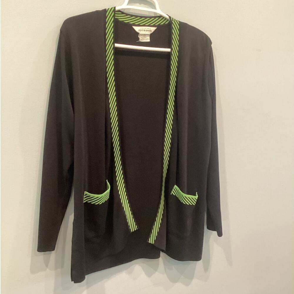 Misook Womens Open Cardigan L Black Lime Green Striped Work Career Office Fall